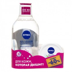 Набор, Nivea (Нивея) 400 мл + 100 мл арт. 48127-00192-01 мицеллярная вода 3в1 мицелл айр дыхание кожи для сухой и чувствительной кожи + крем софт универсальный спайка +Бонус 60% скидка на крем